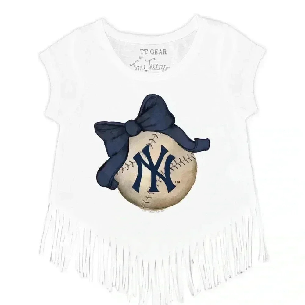 NWT • New York Yankees 3T Tiny Turnip  White Baseball Bow Fringe T-Shirt